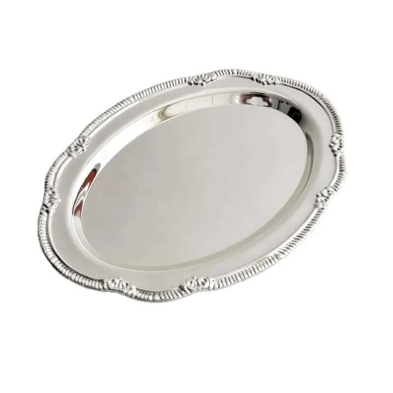 Vintage Embossed Silver Tray Serving Platter For Desserts Jewelry Storage Organizer Snack Plate Dining Table Decoration
