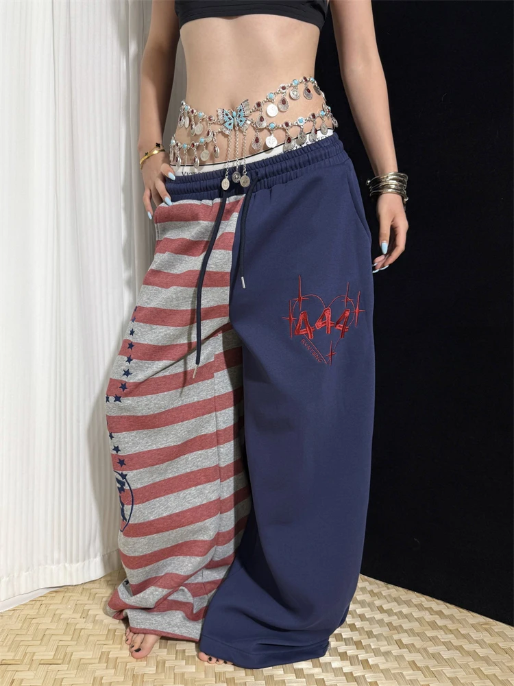 Women's Contrast Striped Patchwork Sweatpants Y2k Bottoms Casual Street Retro High Waist Trousers Female Wide Leg Unisex Pants