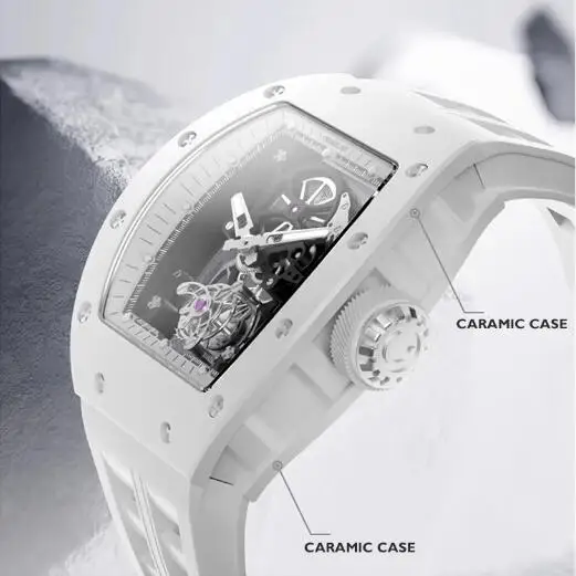 CRONUSART Männer Tourbillon Uhr Tonneau Mechanische Armbanduhr 5Bar Keramik Gehäuse Leucht Fluororubber Strap Saphir Spiegel