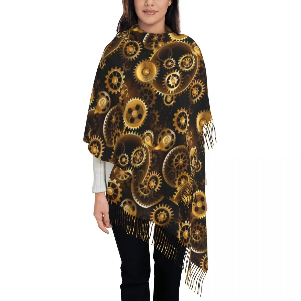 Steampunk Print Scarf Brass Gears Warm Soft Shawls and Wrap with Tassel Lady Vintage Scarves Wraps Autumn Designer Bufanda Mujer