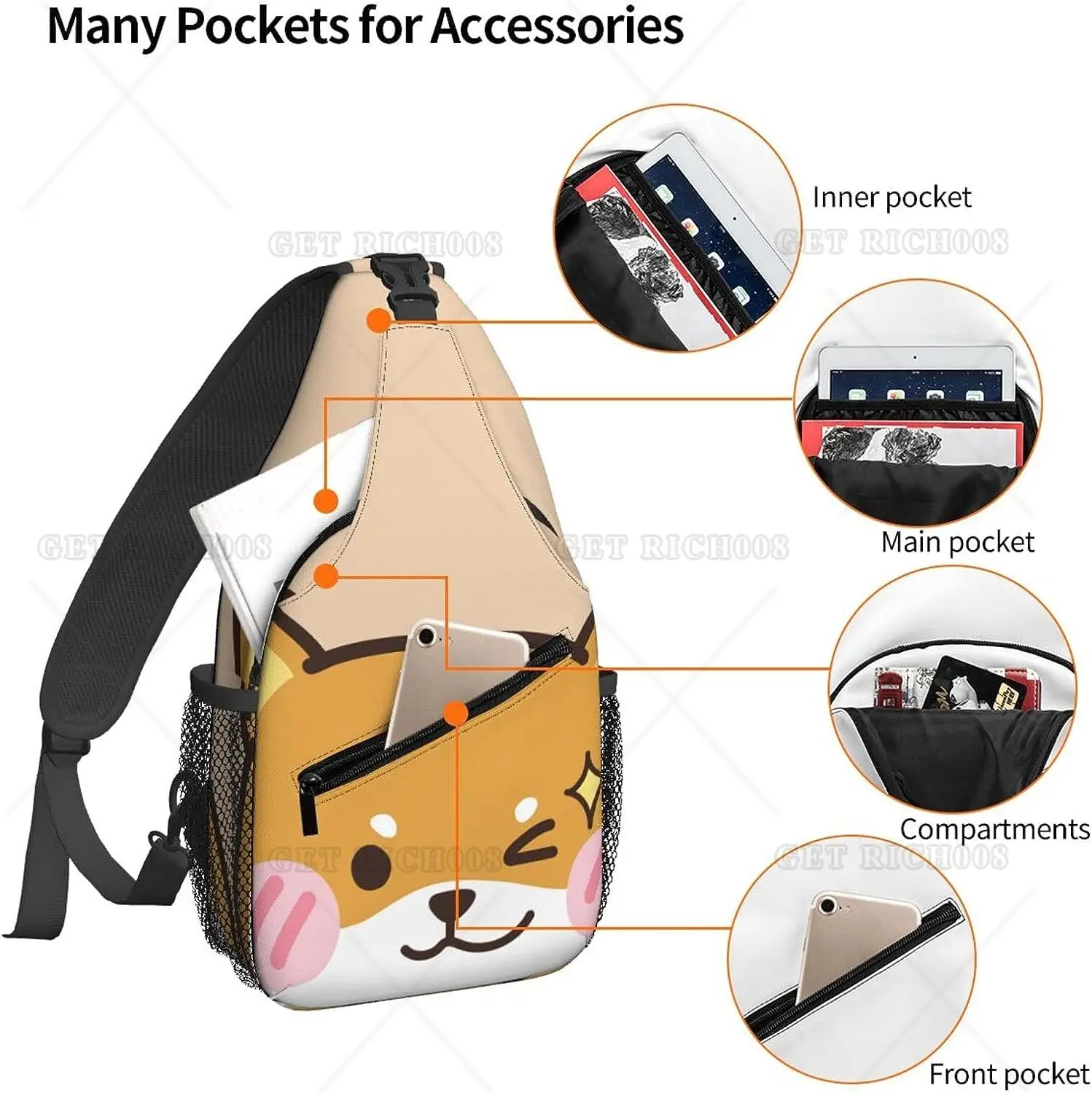 Mochila cruzada de perro Shiba para hombre y mujer, bolso de pecho de viaje para senderismo y correr