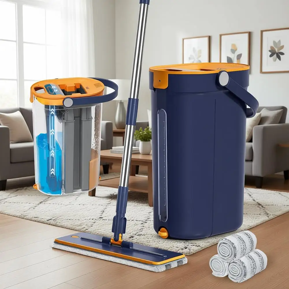 

Система для уборки с 3 емкостями и отжимом, швабра для стен с длинной ручкой и 4 насадки из микрофибры для ухода за полом