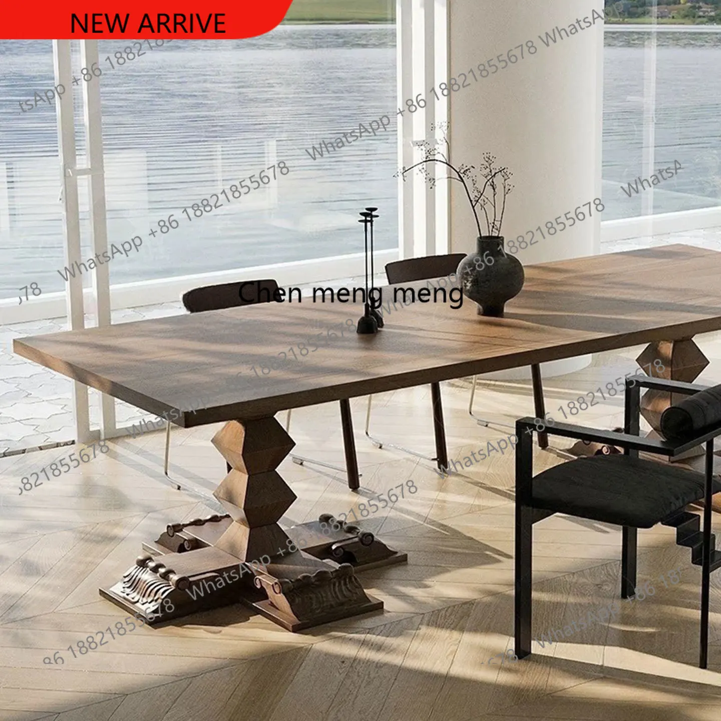 D178 American retro solid wood dining table home creative restaurant carved rectangular dining table