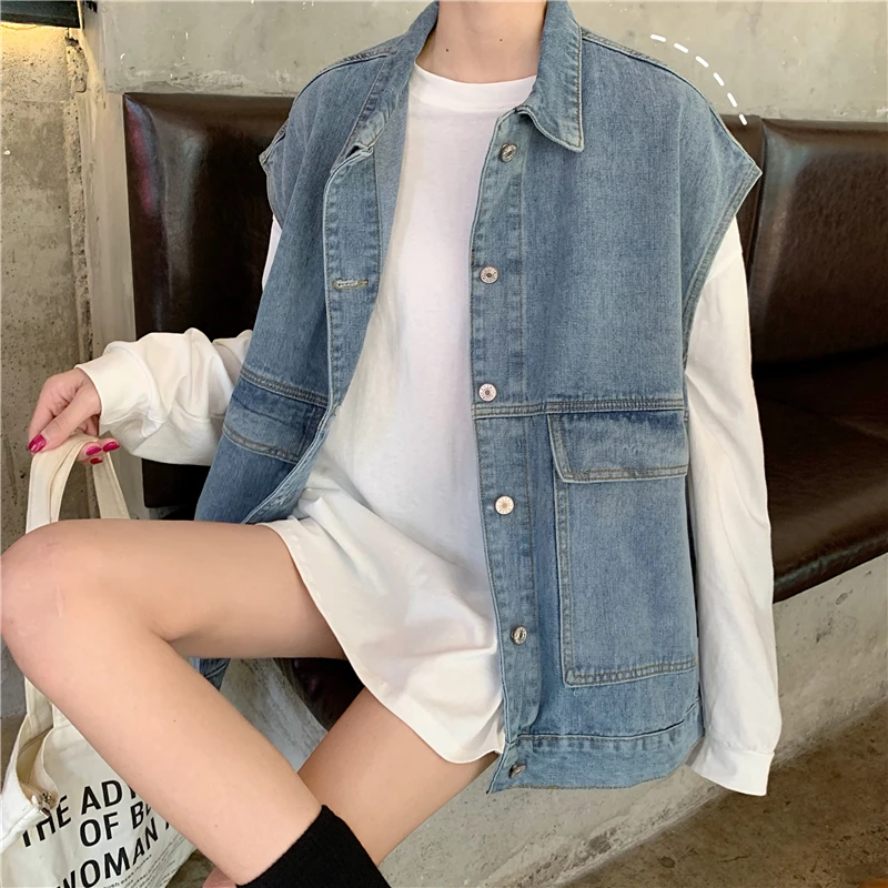 Loose plus Size Denim Jacket Women's Spring Autumn New Style No Sleeve Vest Top Korean Version Student Fashion Outerwear
