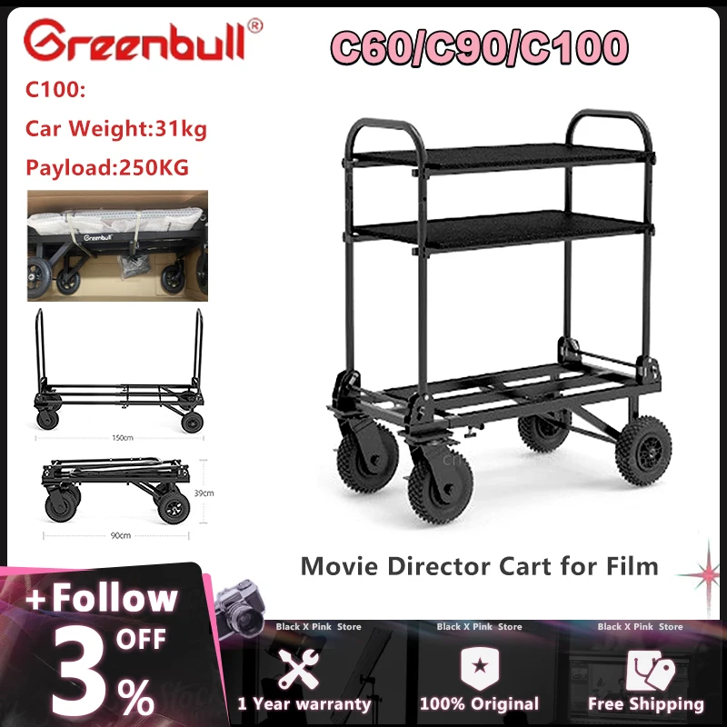 Greenbull C60 C90 C100 Director Car Movie Director Cart for Film Video Max Load 180kg Dolly Cart for Film Photography Shooting