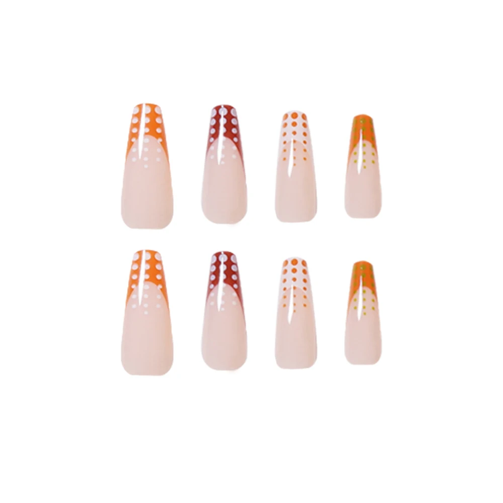 

JP1435 QTCJ 24Pcs Coffee color matching polka dots Wearable Nail Art Nail With Glue Patch Waterproof And Removable