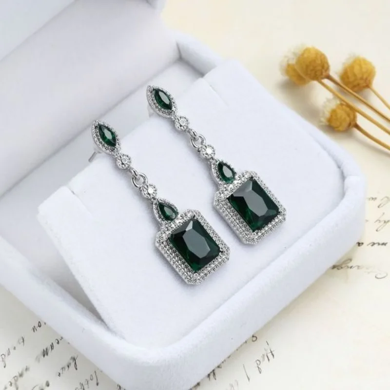 Exquisite Earring Silver Plated Green Cubic Zircon Wedding Birthday Blue Red Stone Circle Pendant Earring for Women Jewelry Gift