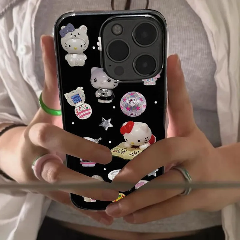 Funda de teléfono bonita de dibujos animados de Hellos Kittys negra estilo INS para iPhone 17 16 15 14 13 12 11 X XS 8 Air Pro Max Plus cubierta de doble capa