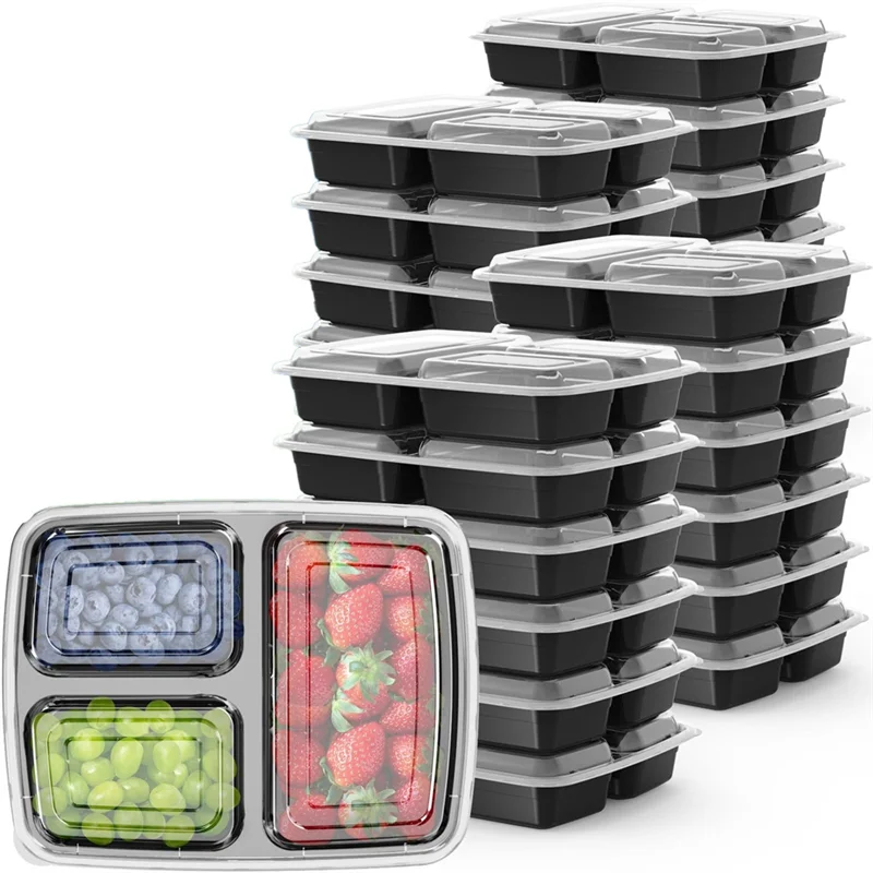

A68G-Reusable 32 Oz Meal Prep Containers 50-Pack With Lids 3-Compartment Plastic Food Storage Take Out Containers