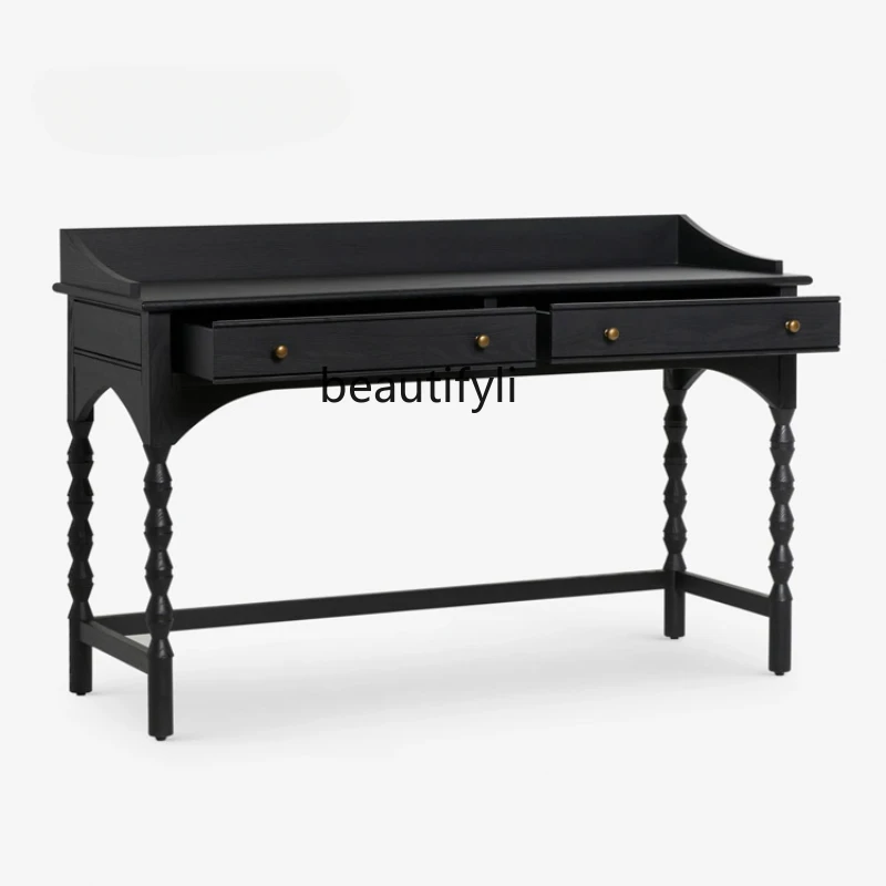 

French Dressing Table Retro Solid Wood Small Apartment Makeup Table Black Antique Style Dresser Desk