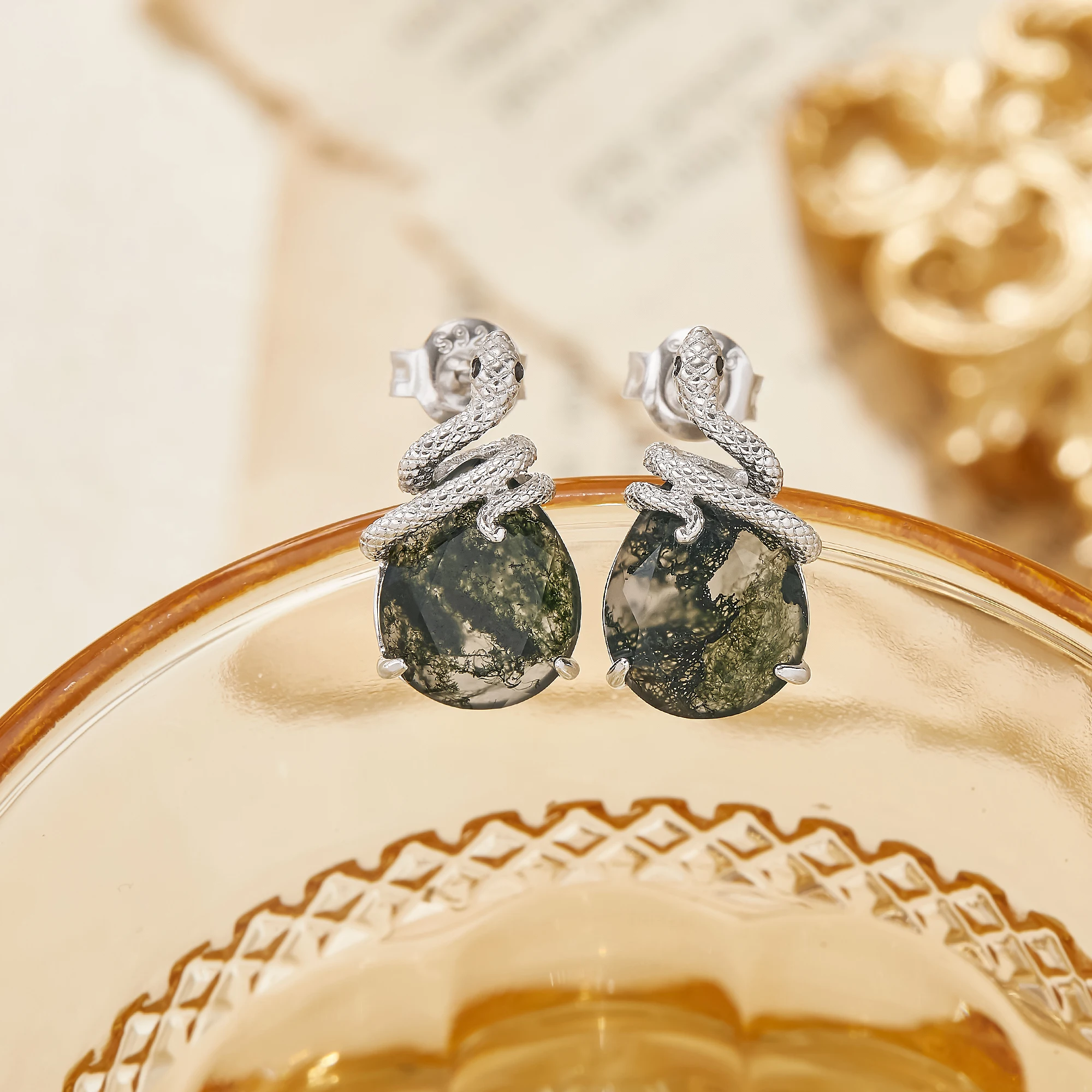 Spirit Snake Natural Green Moss Stone Studs Earrings Unique Semi precious Gemstone Solid 925 Sterling Silver Earrings 6330020