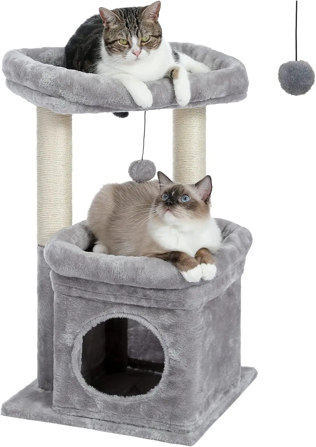 

Cat Tree Tower for Indoor Cats with Private Cozy Cat Condo, Natural Sisal Scratching Posts and Plush Pom-pom for Small C