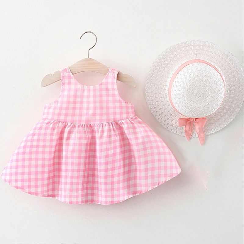 2Piece Baby Girls Summer Clothes Korean Fashion Plaid Sleeveless Cute Bow Cotton Princess Dress+Sunhat Toddler Dresses BC2013-1