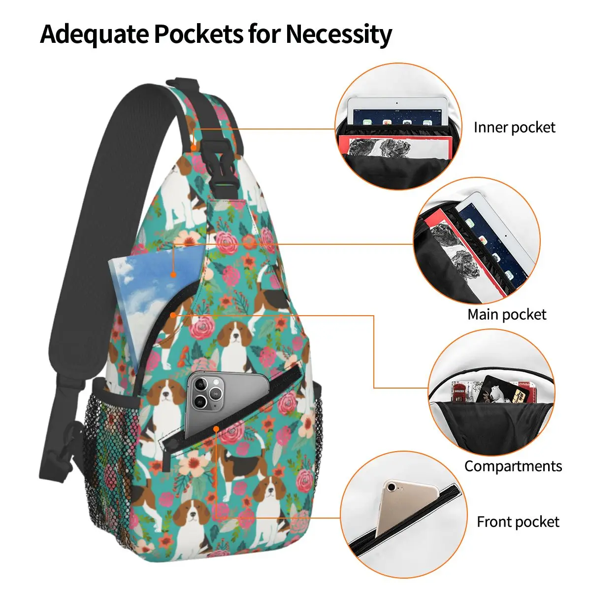 Beagle Florals Dog Small Sling Bag Chest Crossbody Shoulder Sling Backpack Outdoor Sports Daypacks Animal Men Women Bookbag