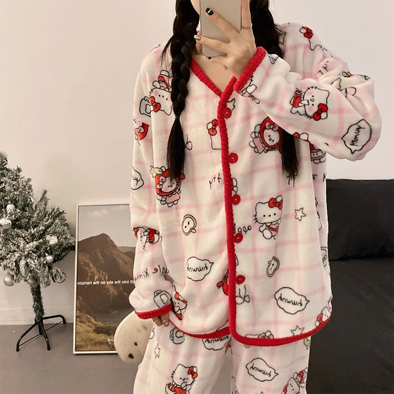 Anime Hello Kitty Pyjama und Pyjama aus weichem Flanell, Kawaii verdickte warme und bequeme Paar-Hauskleidung, Weihnachtsgeschenke