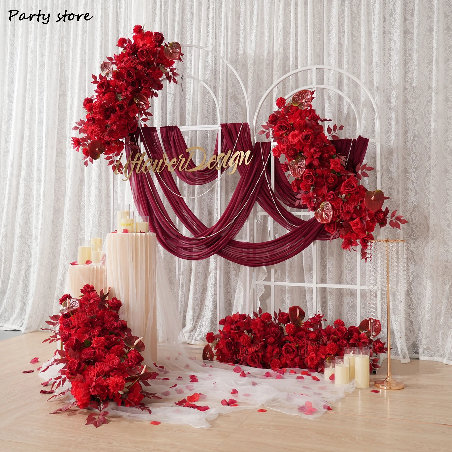 Uflower Red Flower Row Wedding Arch Decoration Backdrop Table Centerpiece Event Prop Floor Road Event Flower Arrangement