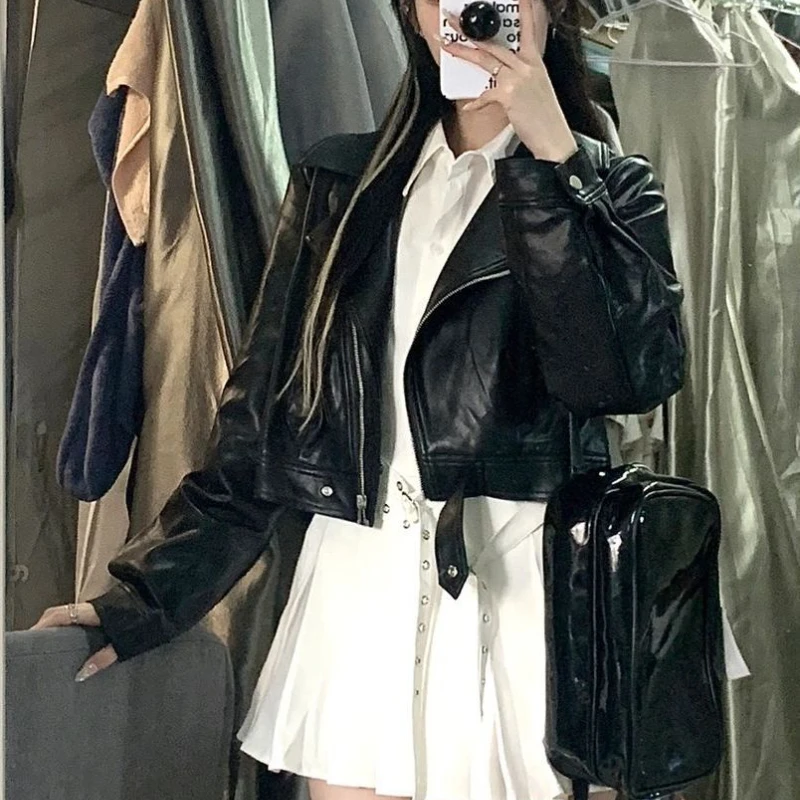 Deeptown Black Short Leather Jacket Women Vintage PU Racing Jackets Gothic Streetwear Korean Fashion Autumn Winter New Outwear