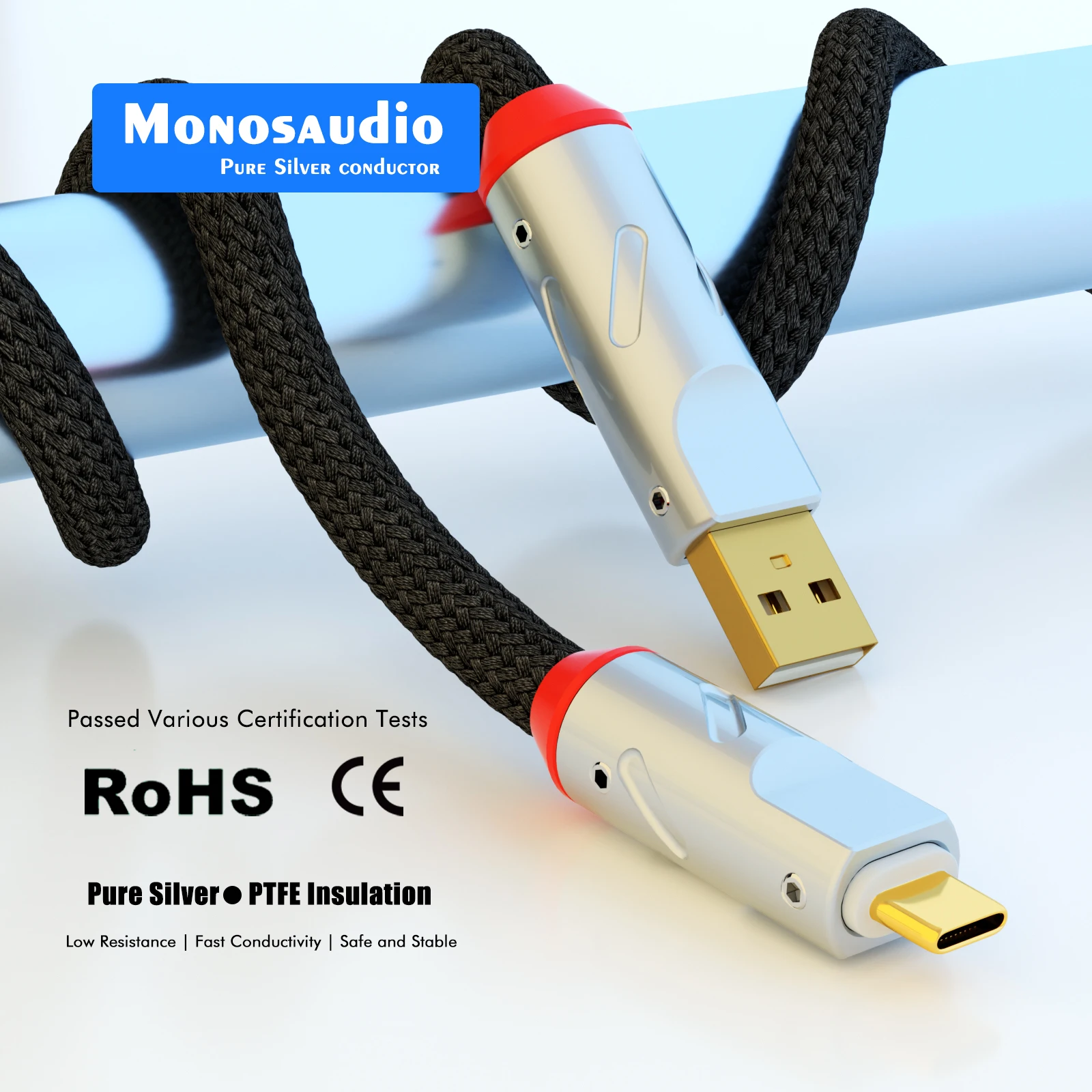 Monosaudio Nano Series USB OTG Cable - Pure Silver conductors, Supports USB 2.0 (A/B/C Connectors) for Smartphone, Headphone, DA