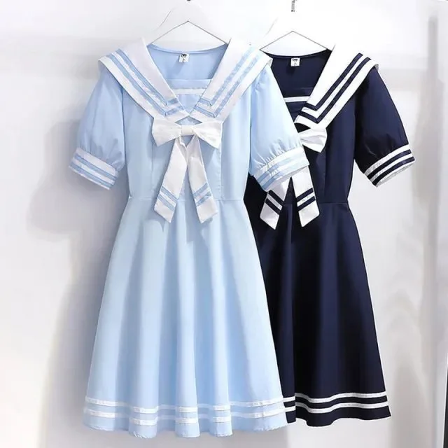 

2024 Summer New retro preppy Girls long Dress Cotton Sailor bow Collar Teens striped JK Patchwork Baby Clothes Toddler 12 year