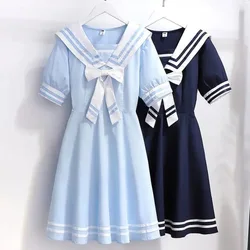 2024 Summer New retro preppy Girls long Dress Cotton Sailor bow Collar Teens striped JK Patchwork Baby Clothes Toddler 12 year