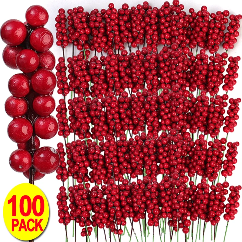 Artificial Foam Berries Red Holly Berry Stems DIY Xmas Tree Wreath Fake Plants Fruit Bouquet Ornament Xmas Party Home Decoration