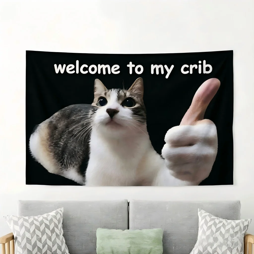 Welcome To My Crib Funny Cat Tapestry, Wall Hanging for Bedroom Living Room Gaming Room Dorm Decor, Cute Cat Wall Art Birthday