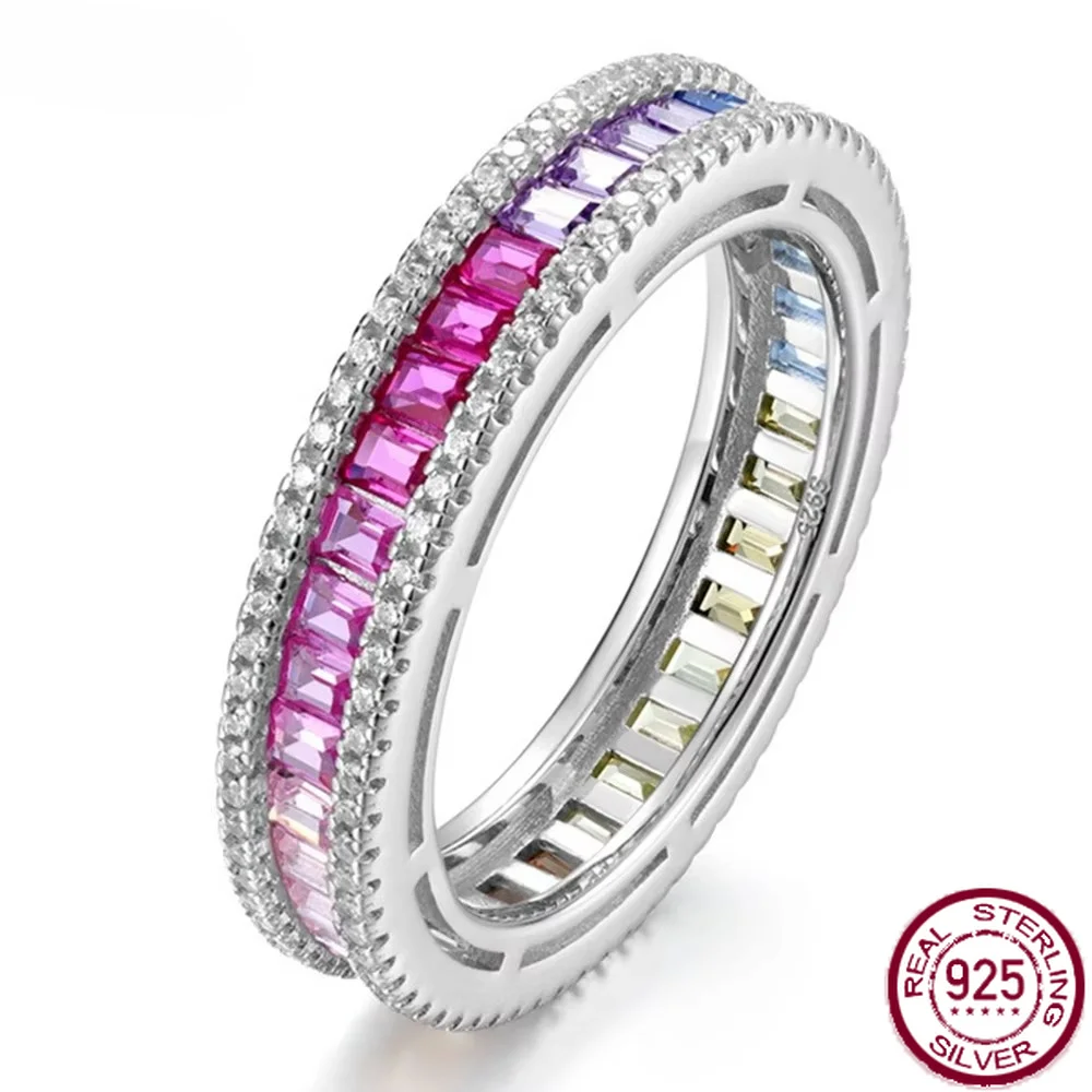 Yaranyan 100% 925 Sterling Silver Colorful Lab Sapphire Gemstone Row Ring for Women Fine Jewelry Wedding Band Gifts Wholesale