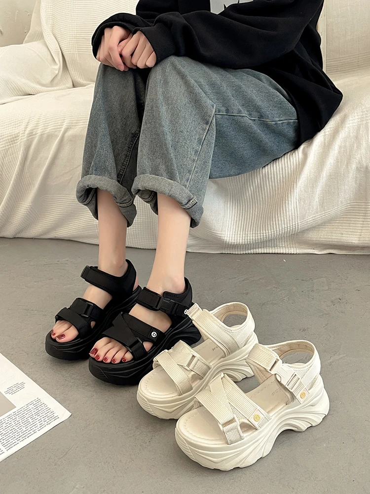 Beige Heeled Sandals 2024 Women\'s Med Female Shoe Clogs Wedge Shallow Mouth Black Sports Gladiator New Thick Fashion Comfort Med