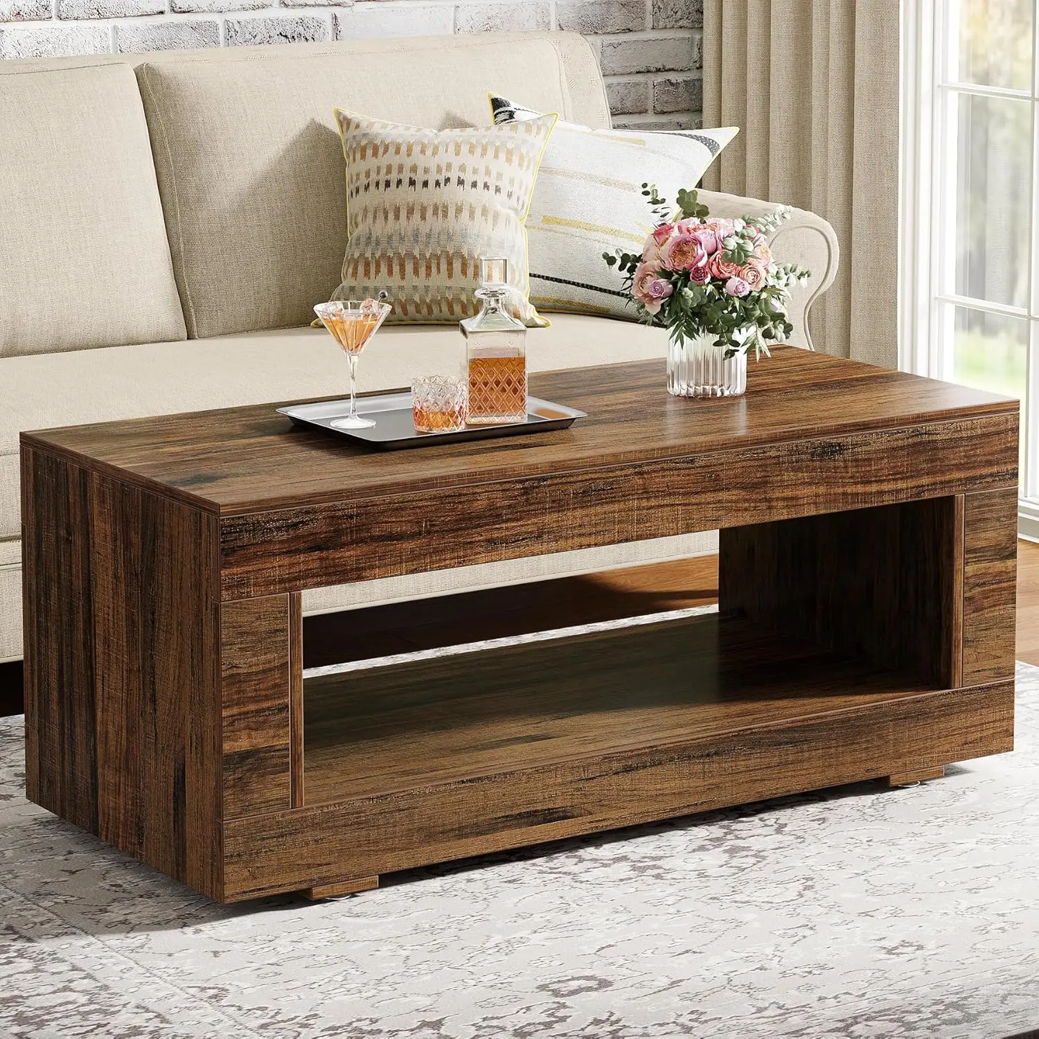 

Деревянный журнальный столик с 2-уровневой подставкой для хранения, 43,3 дюйма, в современном фермерском стиле, для гостиной, центральный, кофейный, рустик, коричневый, на заказ