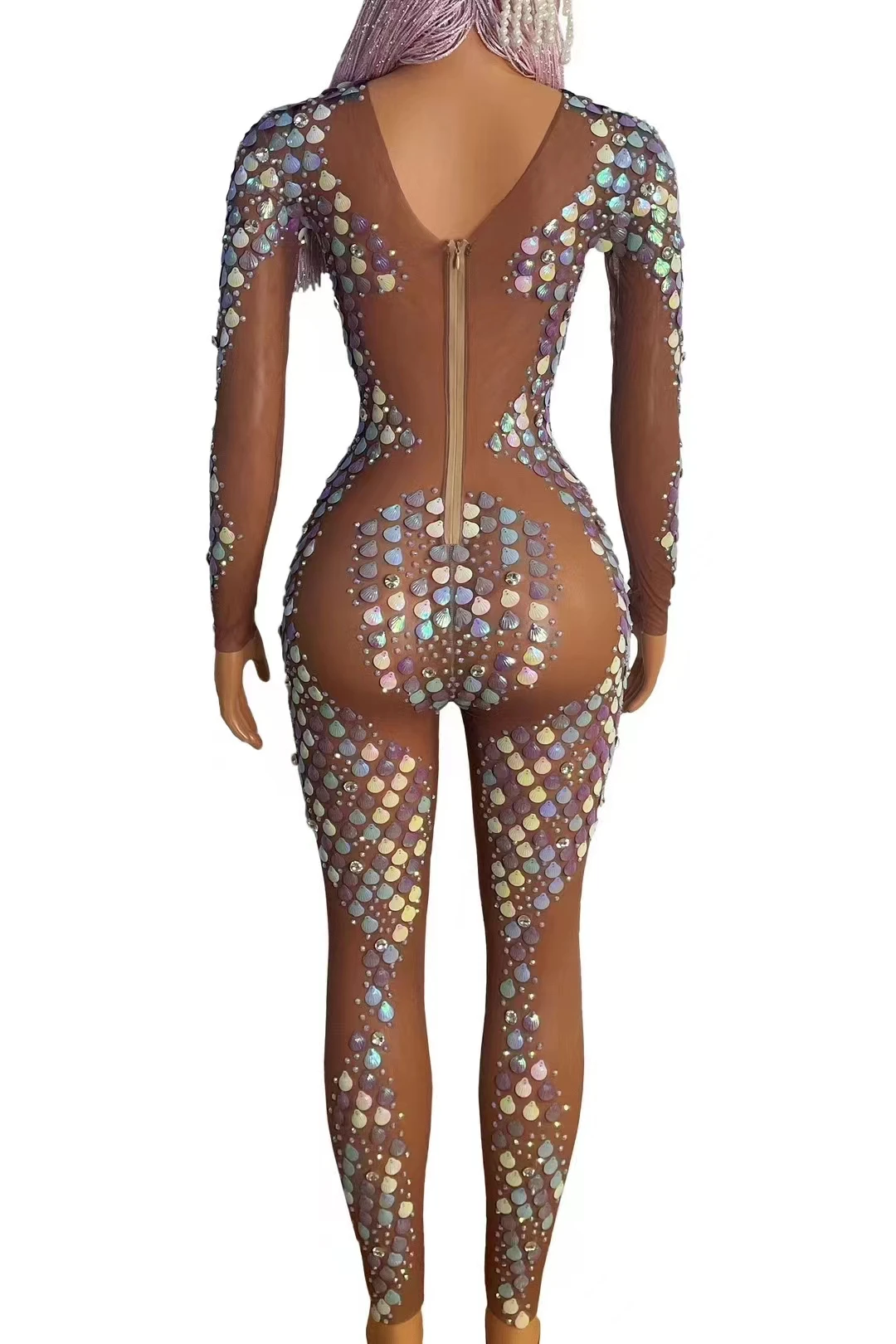 Colorful Sequin Shell Tight Jumpsuit Nightclub DJ Sexy Transparent Elastic Dance Tights Women Dancer Festival Party Show Costume