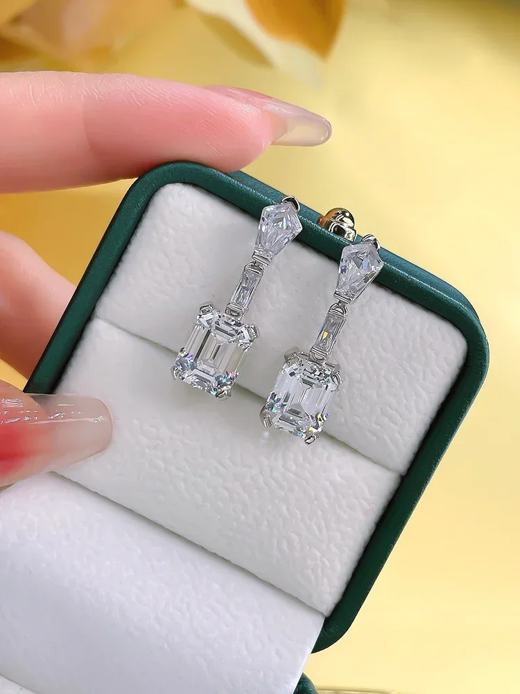 New S925 Silver Rectangular Green Cut Earrings with Imported High Carbon Diamond Engagement Jewelry Embedded Inside