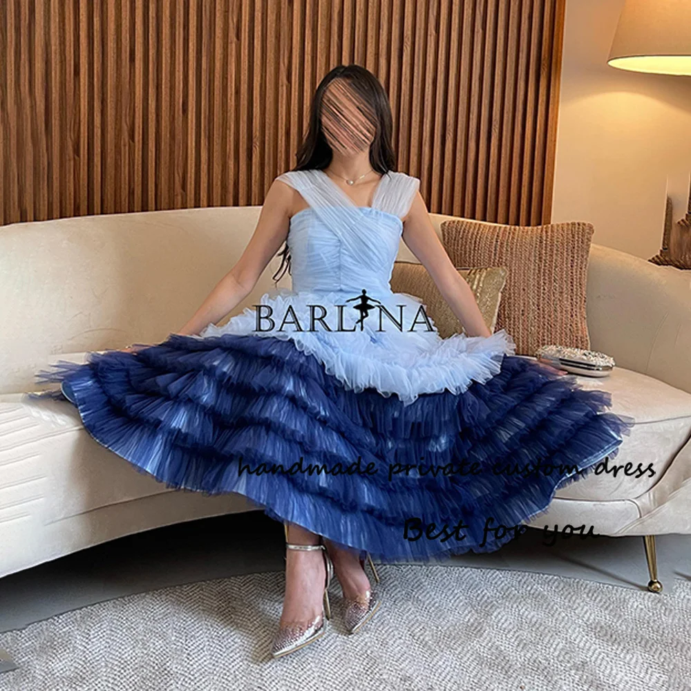 

Blue Tulle Evening Prom Dresses for Women Tiered Tulle A Line Formal Party Dress Ankle Length Arabic Dubai Evening Gowns