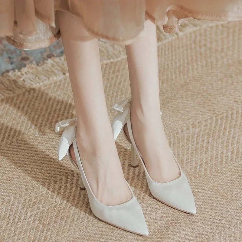 Sandals for Women Stiletto Bow Ladies Shoes Pointed Toe Footwear Party Weddings Summer Thin Heels Daily Korea Sale Original