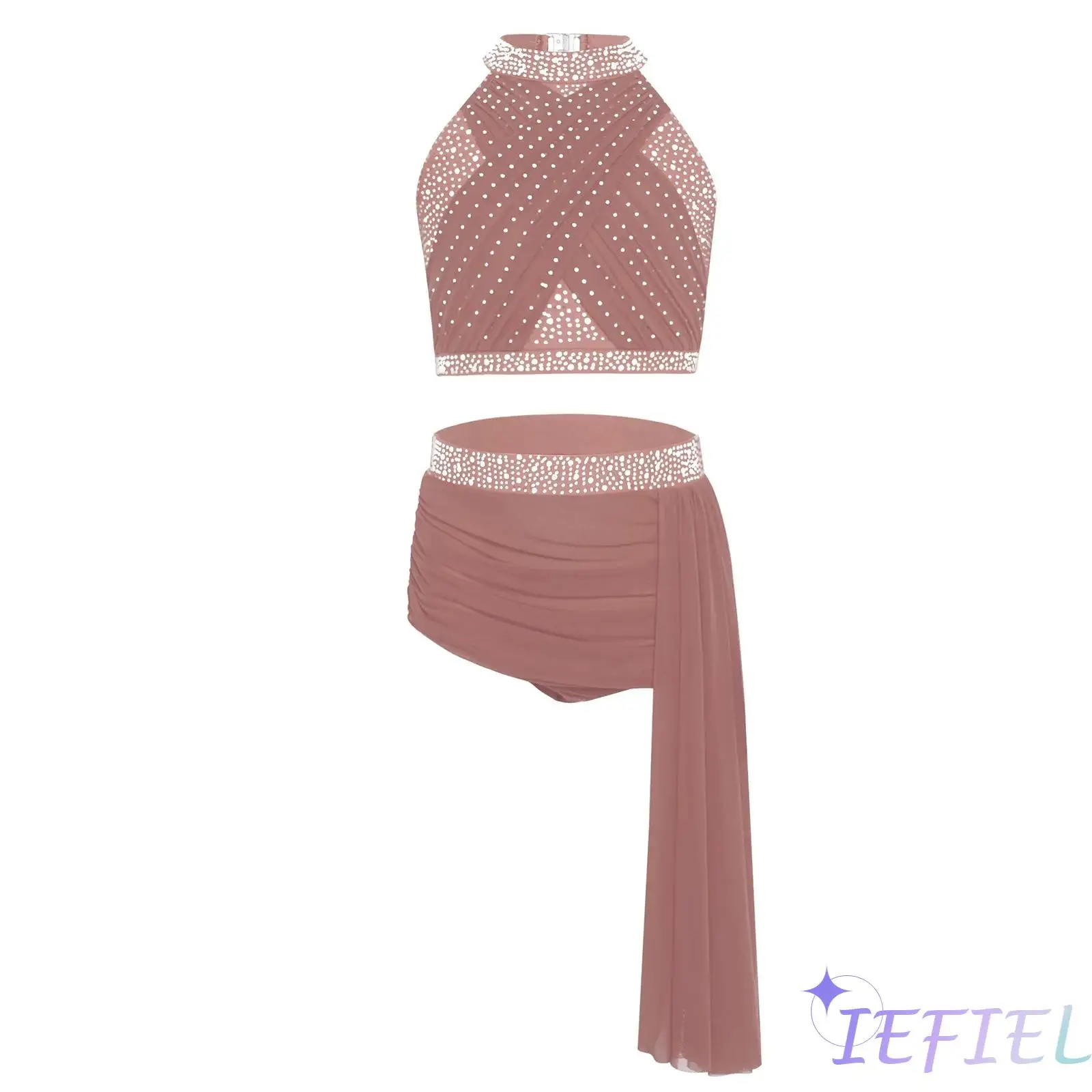 

Kids Girls Figure Skating Dance Outfit Halter Sleeveless Strappy Crop Top with Ruched Mesh Skirt Lyrical Latin Modern Dancewear