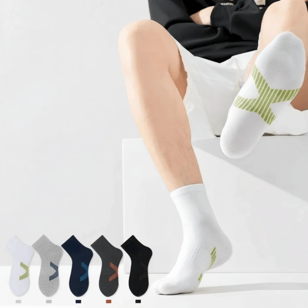 

High Quality Breathable Men's Socks Cotton Stripe Pattern Athletic Socks Sweat Absorption Mid Calf Socks Running