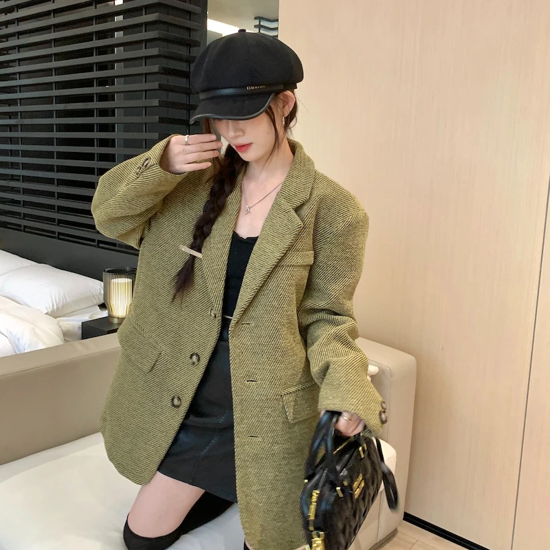 

Women's Autumn/winter British Style Short Twill Woolen Blazers Retro Casual Solid Color Loose Fitting Suit Collar Woolen Coats