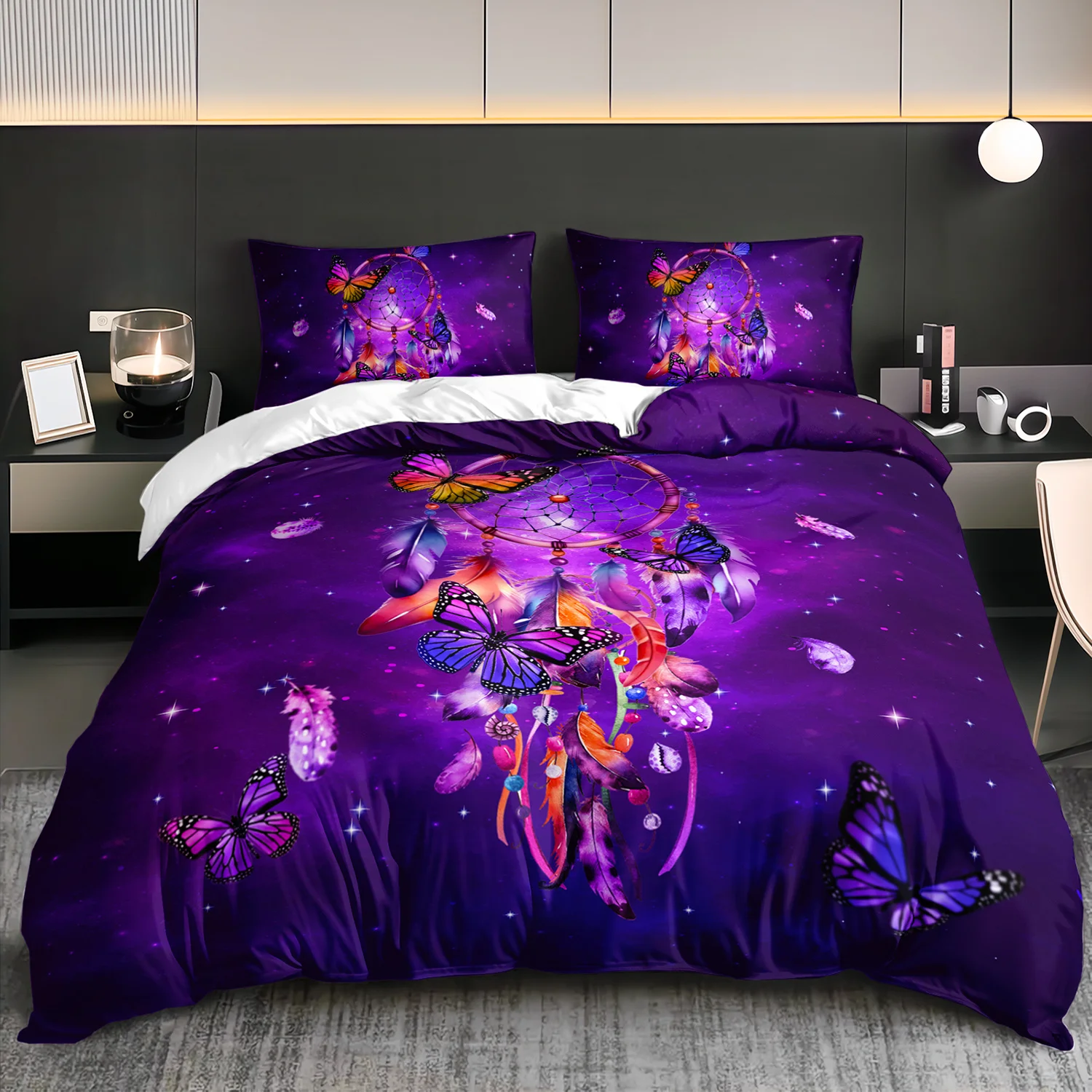 

3pcs Bohemian Butterfly Bedding Duvet Cover Set Purple for galaxy Bedding Set Bohemian Themed Purple Butterfly Bedroom Decor