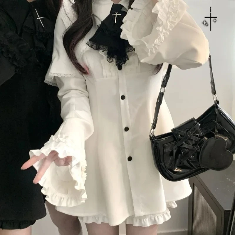Women Japanese Y2K Aesthetics Vintage Bow Dress Shorts Set Gothic Lolita Style Long Sleeve Shirt Dress Elegant Party Dress Suits
