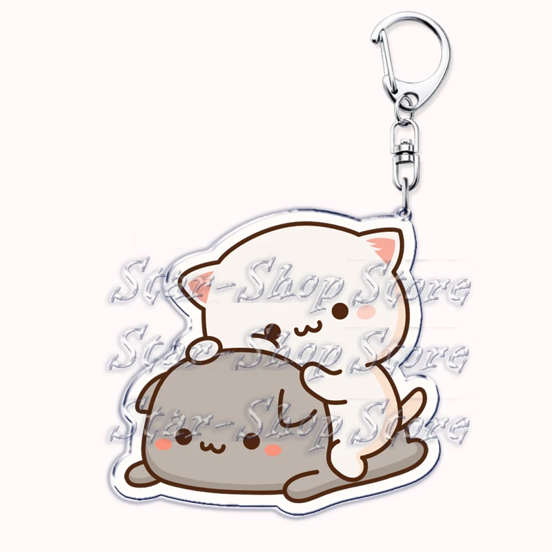 Cute Cartoon Peach and Goma Couple Cat Acrylic Keychains Ring for Accessories Bag Pendant Key Chain Jewelry Fans Lovers Gifts