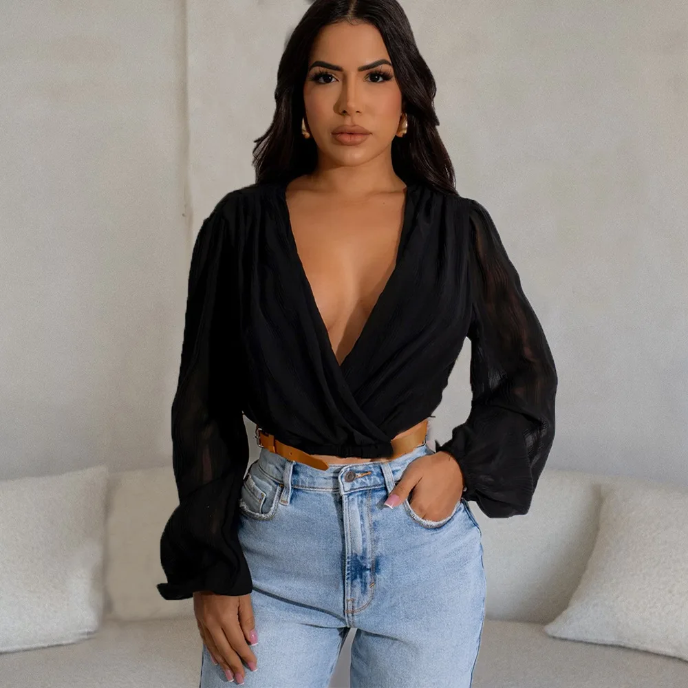 Women Blouse Fall Winter Fashion Deep V Neck Long Sleeve Crop Tops Elegant Lady Fold Belt Adjustable Waistband Blouses Shirts
