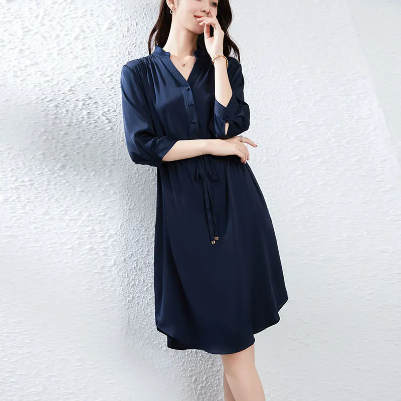 فستان نسائي 92.3% حرير 7.7 سباندكس برقبة على شكل V نصف كم برباط حتى الخصر فساتين غير رسمية على الموضة