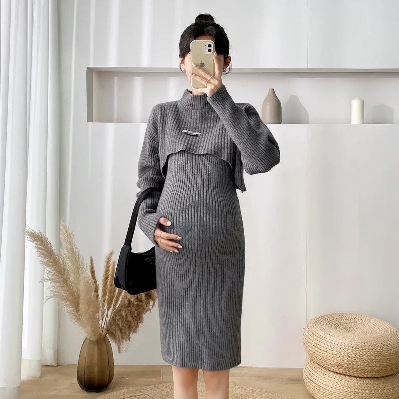 6199# Two pieces Sets 2023 Autumn Winter Knitted Maternity Sweaters Covers Sling Dress Clothes for Pregnant Women Pregnancy