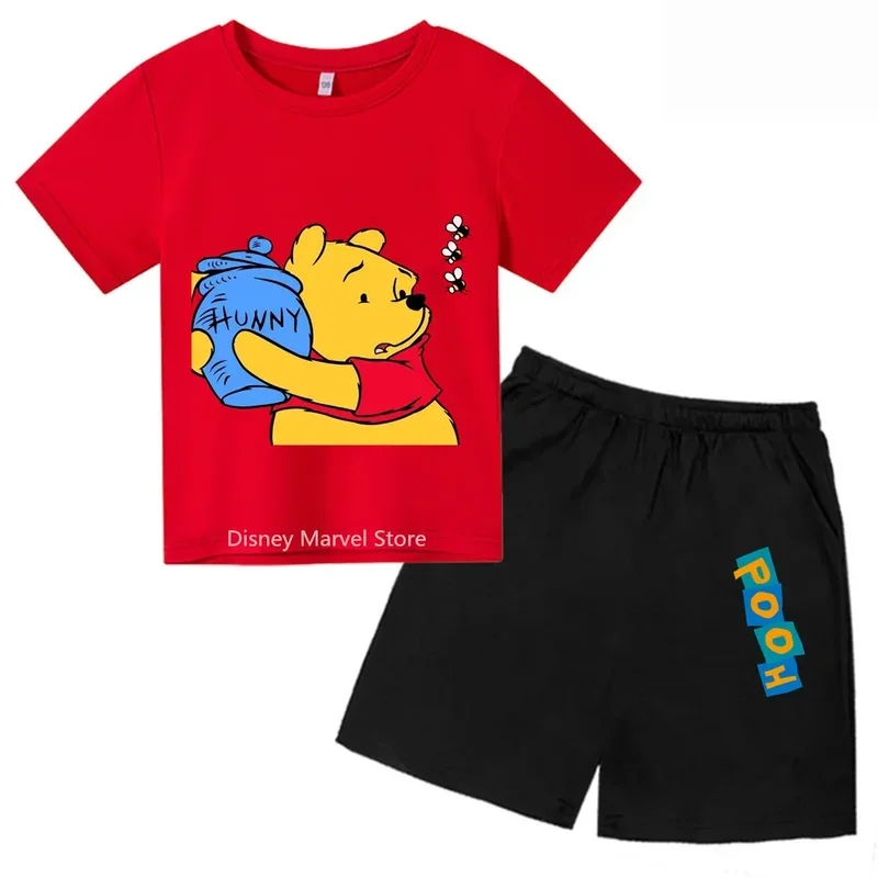 Winnie The Pooh cartoon Summer Boys & Girls T-Shirt & Shorts Age 3-14  Stylish Cartoon print t-shirt short 2pcs sets