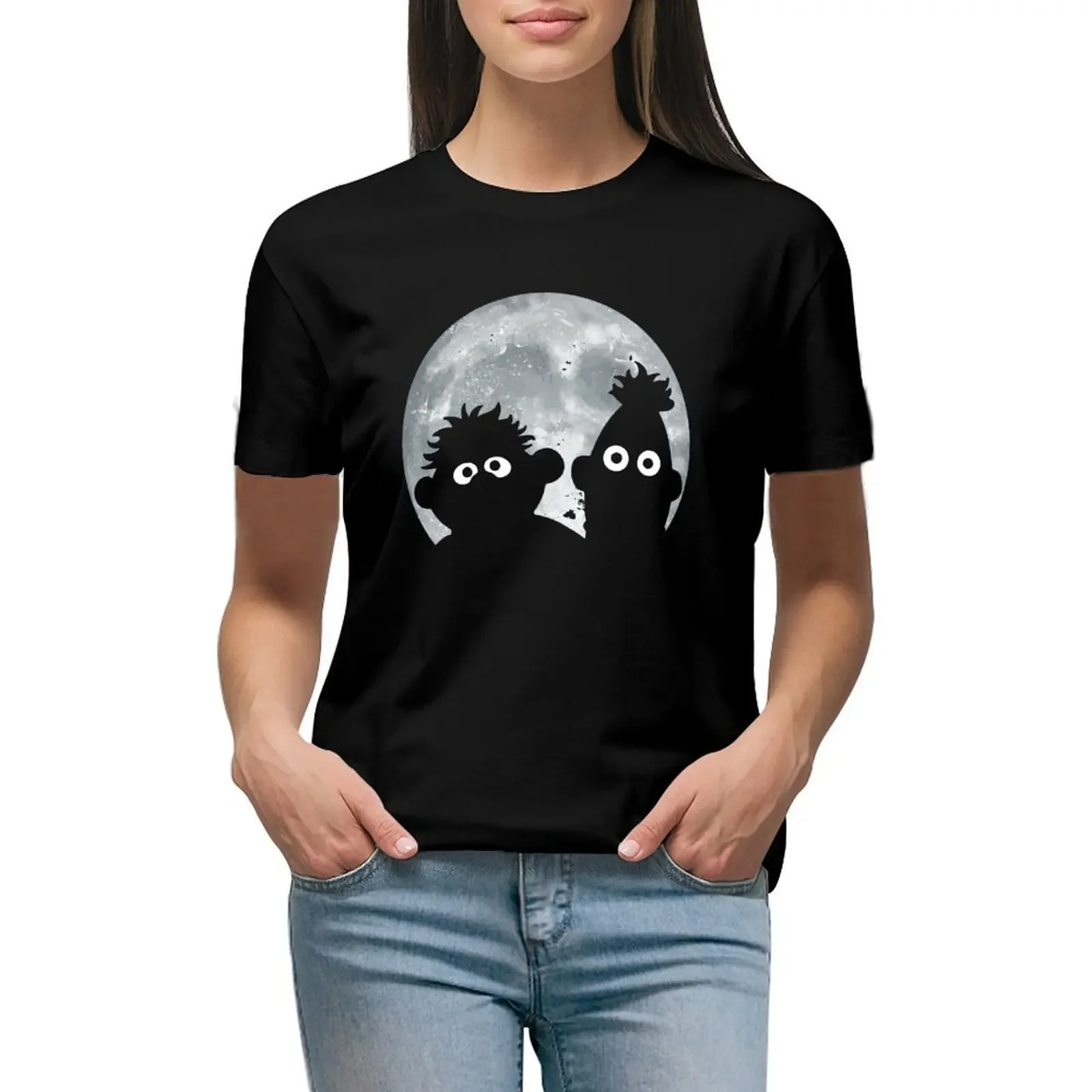 

Ernie And Bert Moon T-Shirt Aesthetic clothing animal print shirt for girls funny t-shirts for Women graphic tees funny