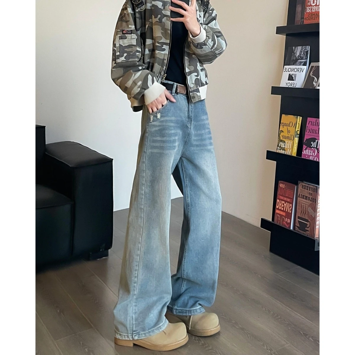 

Американские ретро-джинсы из выстиранного денима, удлиненные, свободного прямого кроя, повседневные, для мужчин и женщин, парные.