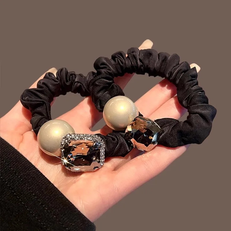 2Pcs Simple Fashion Imitation Pearl Hair Rope Women's Elegant Square Sparkling Synthetic Diamond Bun Hairstyle Elasticity Band H