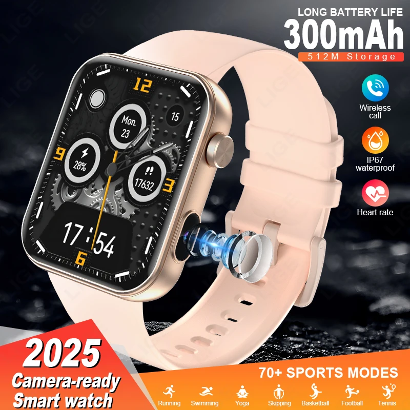 

LIGE Смарт-часы с камерой, фотографией, Bluetooth-вызовом, IP67, водонепроницаемые умные часы, мониторинг сердечного ритма, модные спортивные умные часы