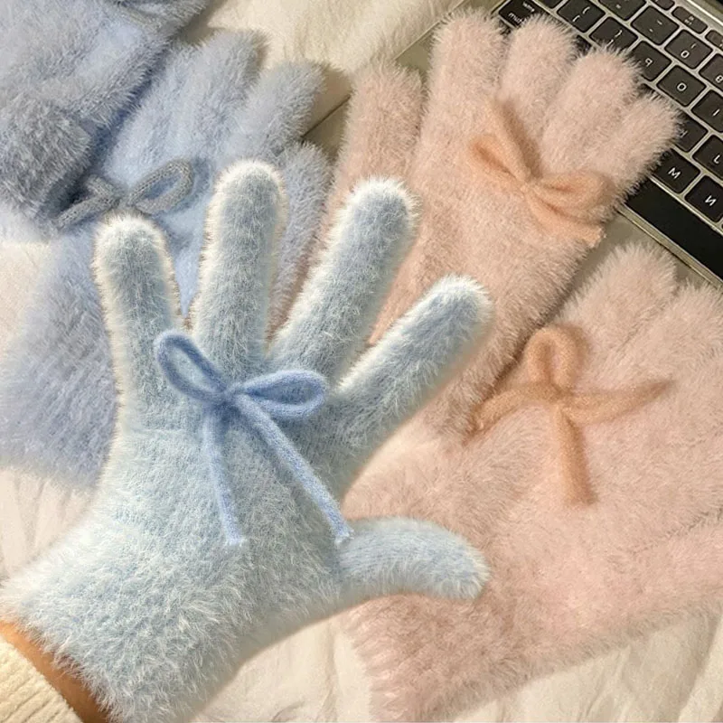 

Розовые, синие зимние норковые плюшевые перчатки, женские теплые флисовые перчатки с пятью пальцами, модные уличные ветрозащитные милые пушистые варежки Wistiti