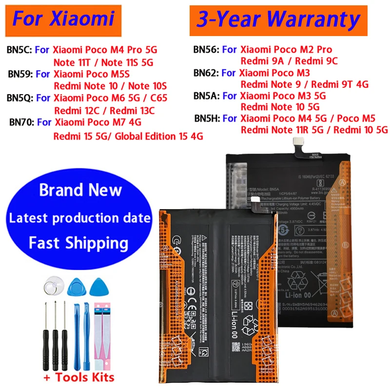 Original Battery For Xiaomi Redmi Note Poco M2 M3 M4 M5 M5S M6 M7 C65 9 9T 10 10S 11R 11T 11S 12C 13C 15 4G 5G Pro Bateria