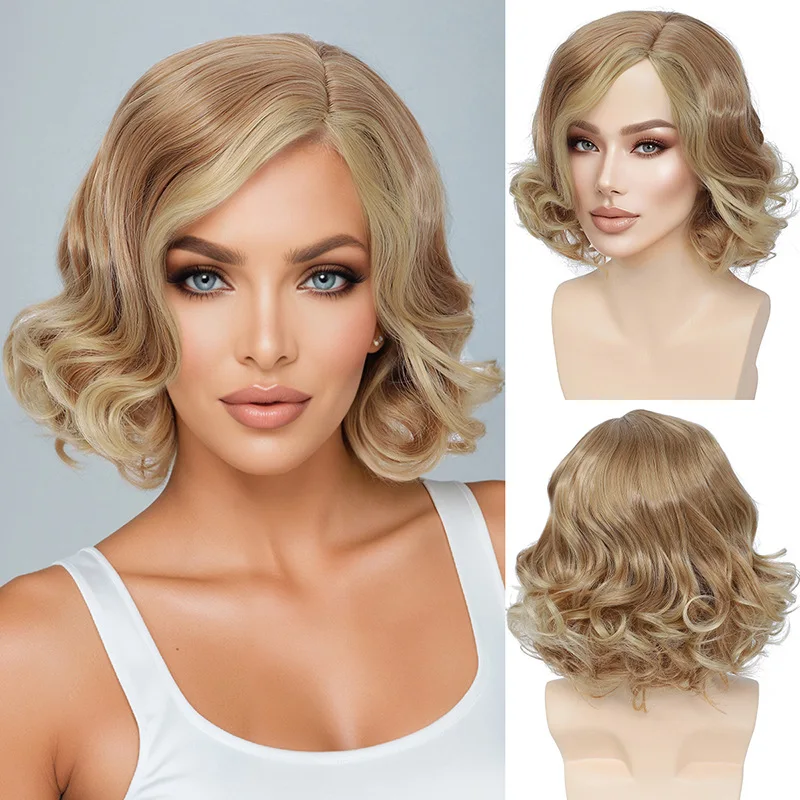 European and American Wig Women's Short Curly Fluffy Headband New Fashionable Gradient Gold Split Wig